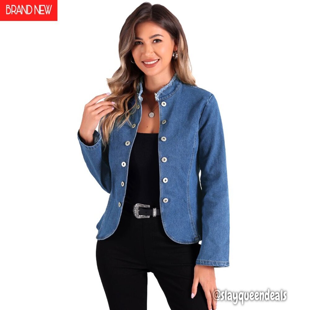 Denim Blazer Open Front Stand Collar Jacket XS Regular Fit